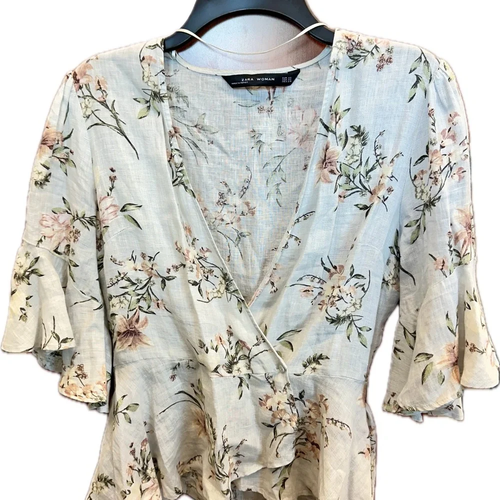Zara Floral Linen Wrap Blouse - Cream, Pink and Green - Picture 2 of 6